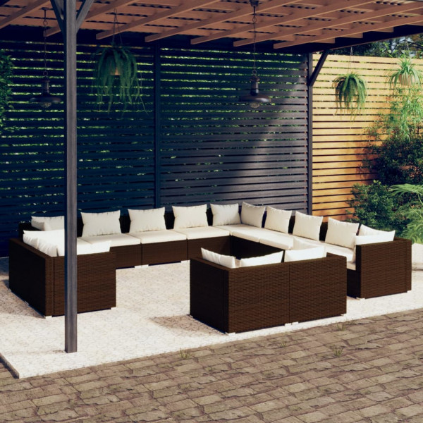 13 pcs conjunto lounge de jardim c/ almofadões vime PE castanho D