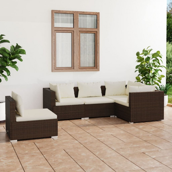 5 pcs conjunto lounge jardim c/ almofadões vime PE castanho D