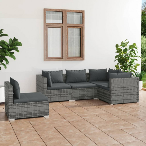 Set de muebles de jardín 5 pzas y cojines ratán sintético gris D