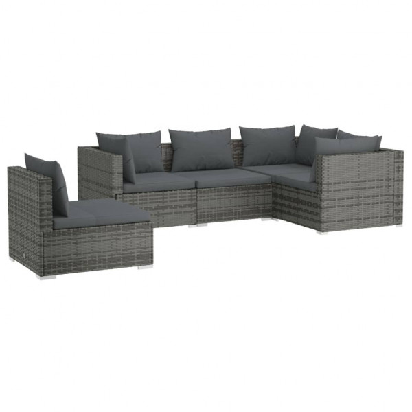 Set de muebles de jardín 5 pzas y cojines ratán sintético gris M 2