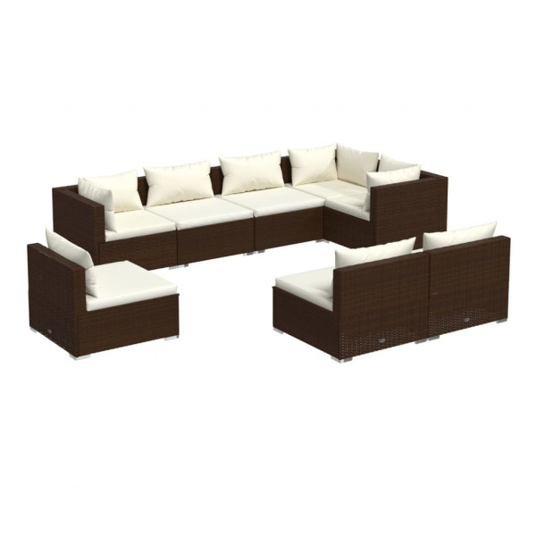 8 pcs conjunto lounge jardim c/ almofadões vime PE castanho M 2