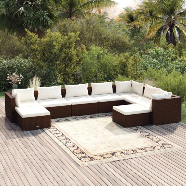 9 pcs conjunto lounge jardim c/ almofadões vime PE castanho D