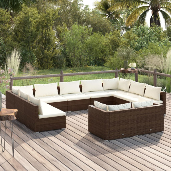 11 pcs conjunto lounge de jardim c/ almofadões vime PE castanho D