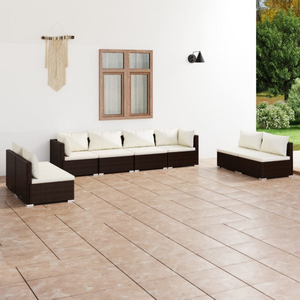 8 pcs conjunto lounge jardim c/ almofadões vime PE castanho D