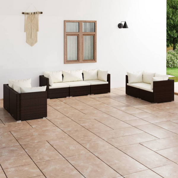 7 pcs conjunto lounge jardim c/ almofadões vime PE castanho D