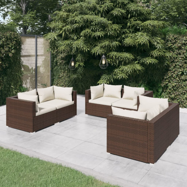 Set muebles de jardín 6 pzas y cojines ratán sintético marrón D