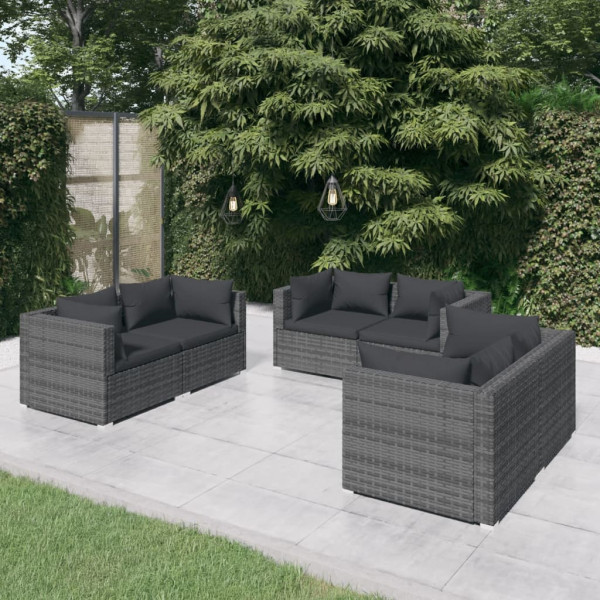 6 pcs conjunto lounge de jardim c/ almofadões vime PE cinzento D