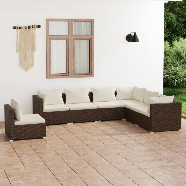 Set muebles de jardín 7 piezas y cojines ratán sintético marrón D