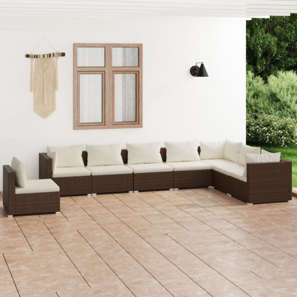 8 pcs conjunto lounge jardim c/ almofadões vime PE castanho D