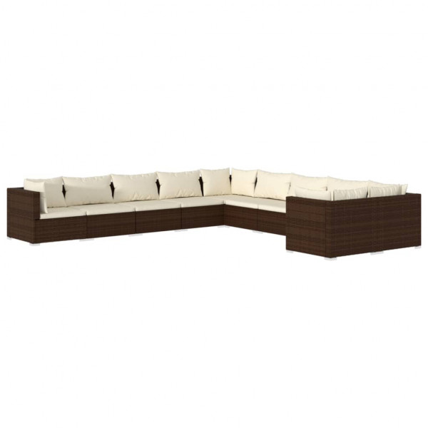 Set muebles de jardín 10 pzas y cojines ratán sintético marrón M 2