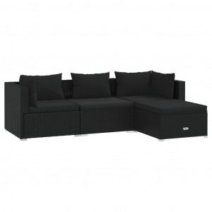 4 pcs conjunto lounge de jardim c/ almofadões vime PE preto H
