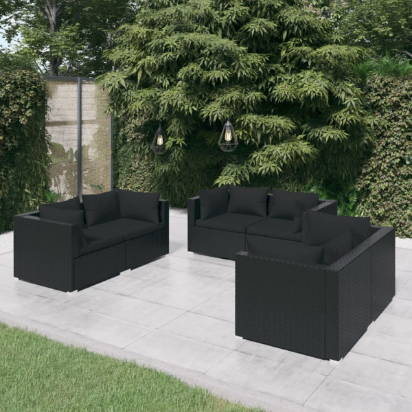 Set de muebles de jardín 6 pzas y cojines ratán sintético negro D