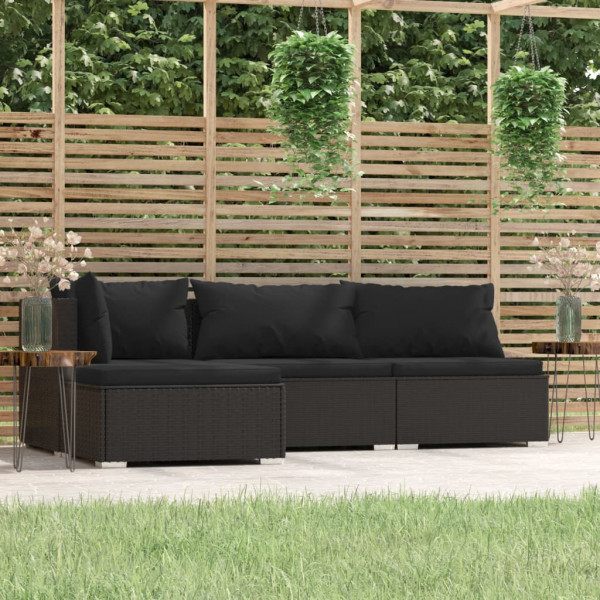 4 pcs conjunto lounge de jardim c/ almofadões vime PE preto D