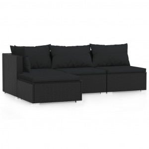 4 pcs conjunto lounge de jardim c/ almofadões vime PE preto H