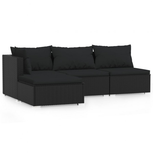 4 pcs conjunto lounge de jardim c/ almofadões vime PE preto M 2