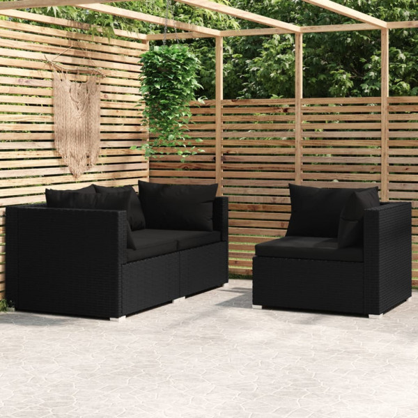 3 pcs conjunto lounge de jardim c/ almofadões vime PE preto D