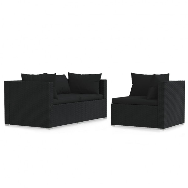 Set de muebles de jardín 3 pzas y cojines ratán sintético negro M 2