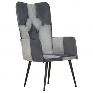 Sillón orejero de cuero auténtico gris canela H