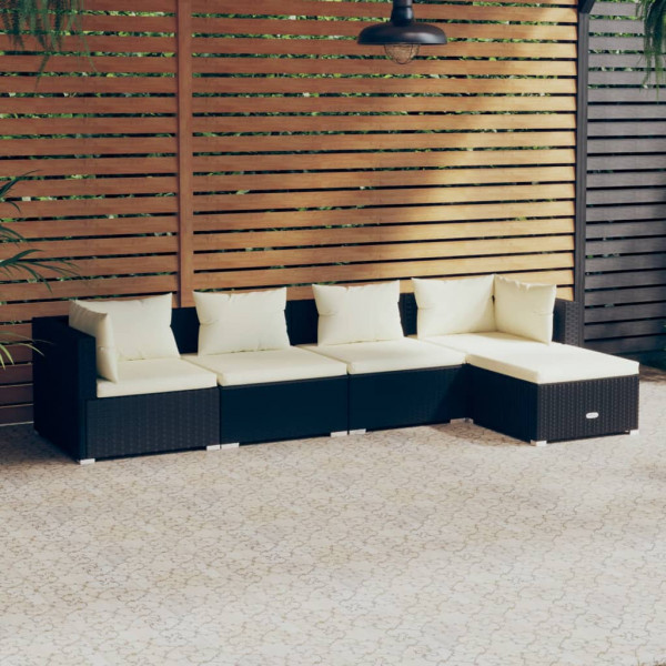 5 pcs conjunto lounge de jardim c/ almofadões vime PE preto D