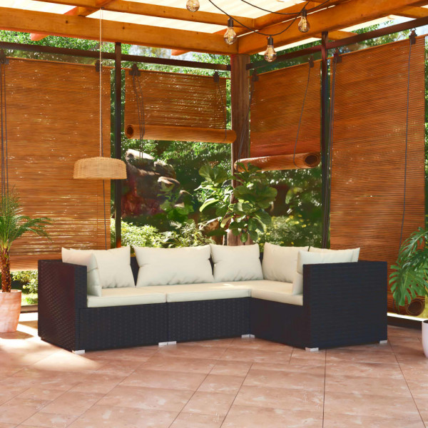 4 pcs conjunto lounge de jardim c/ almofadões vime PE preto D