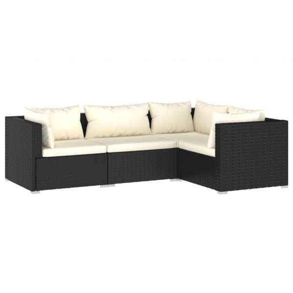 4 pcs conjunto lounge de jardim c/ almofadões vime PE preto M 2