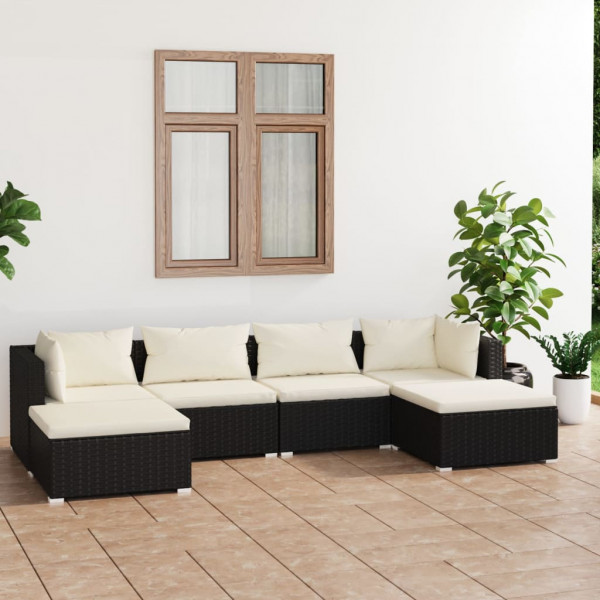 6 pcs conjunto lounge de jardim c/ almofadões vime PE preto D