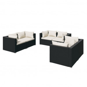 6 pcs conjunto lounge de jardim c/ almofadões vime PE preto H