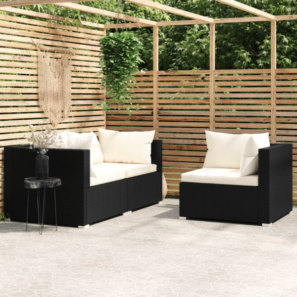 3 pcs conjunto lounge de jardim c/ almofadões vime PE preto D