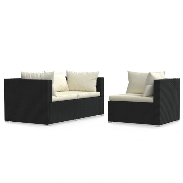 Set de muebles de jardín 3 pzas y cojines ratán sintético negro M 2