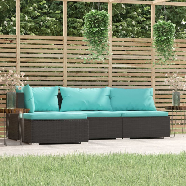 4 pcs conjunto lounge de jardim c/ almofadões vime PE preto D