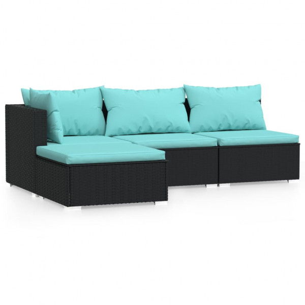4 pcs conjunto lounge de jardim c/ almofadões vime PE preto M 2