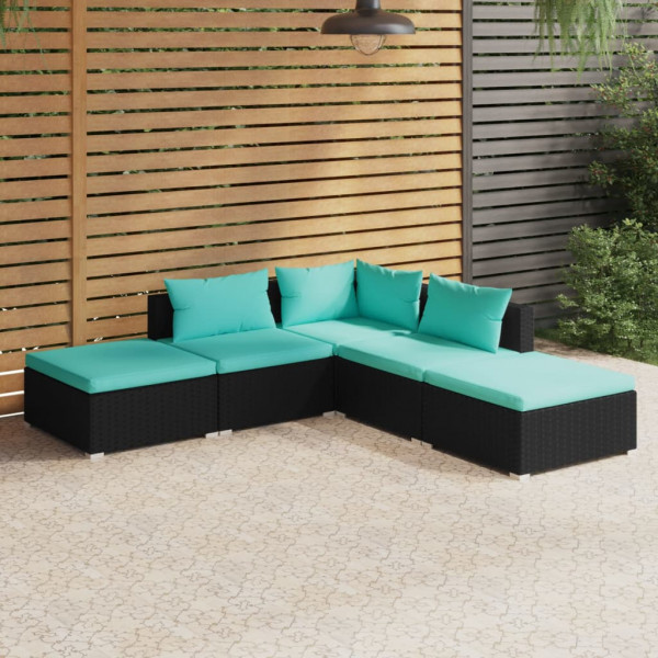 5 pcs conjunto lounge de jardim c/ almofadões vime PE preto D