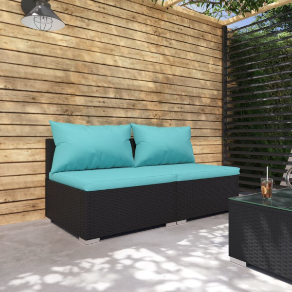 2 pcs conjunto lounge de jardim c/ almofadões vime PE preto D