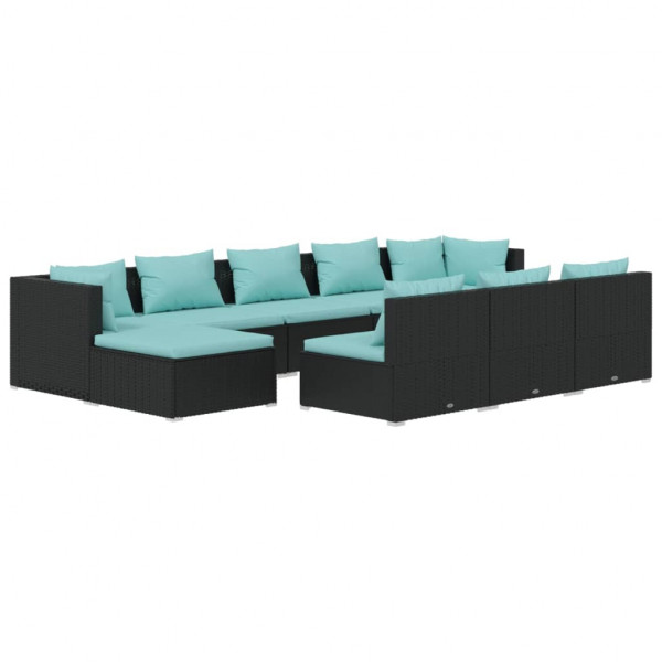 10 pcs conjunto lounge de jardim c/ almofadões vime PE preto M 2