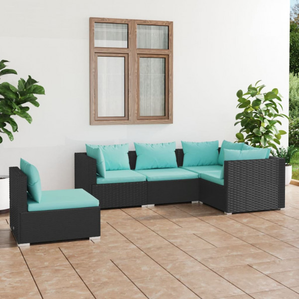 Set de muebles de jardín 5 pzas y cojines ratán sintético negro D