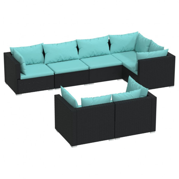 7 pcs conjunto lounge de jardim c/ almofadões vime PE preto M 2