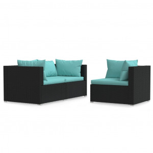 Set de muebles de jardín 3 pzas y cojines ratán sintético negro H