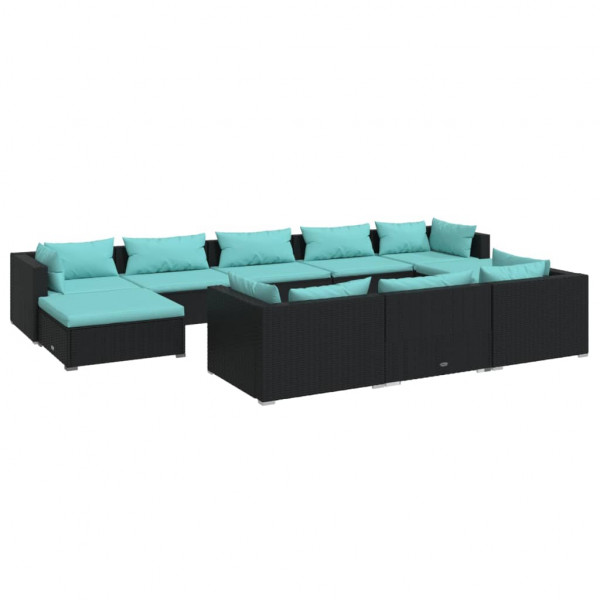 10 pcs conjunto lounge de jardim c/ almofadões vime PE preto M 2