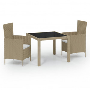 Set de comedor de jardín 3 pzas y cojines ratán sintético beige H