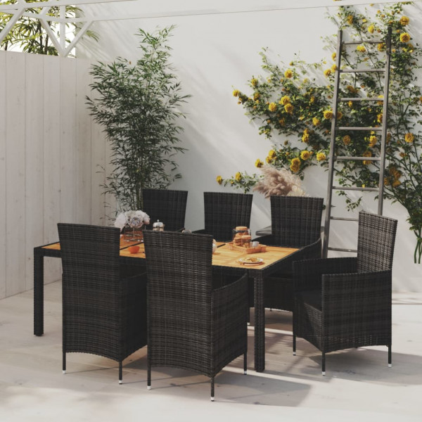 Set de comedor de jardín 7 pzas y cojines ratán sintético negro D
