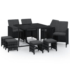 Juego muebles jardín 9 pzas con cojines ratán sintético negro H