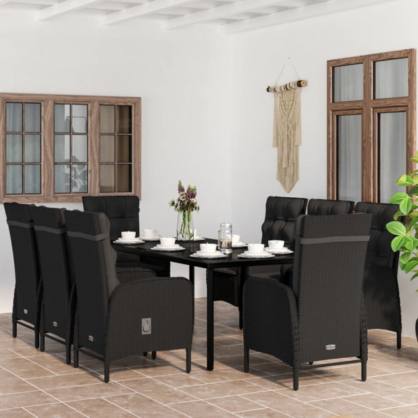 9 pcs conjunto de jantar para jardim com almofadões preto D