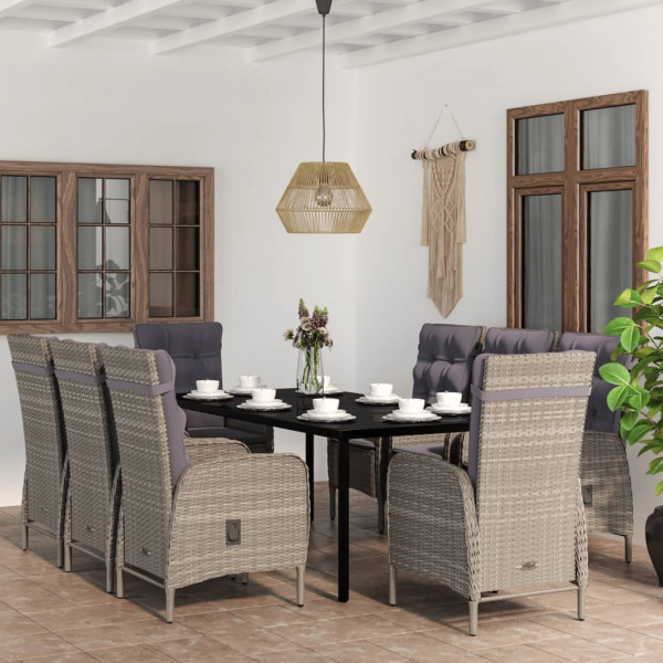 Juego de comedor para jardín 9 piezas con cojines gris y negro D