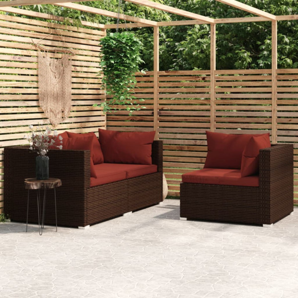 3 pcs conjunto lounge jardim c/ almofadões vime PE castanho D