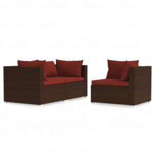 3 pcs conjunto lounge jardim c/ almofadões vime PE castanho H