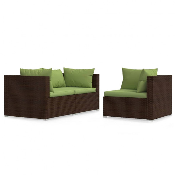Set muebles de jardín 3 piezas y cojines ratán sintético marrón M 2
