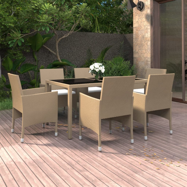 Set de comedor de jardín 7 pzas ratán sintético vidrio beige D