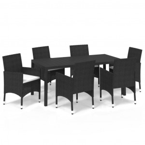 7 pcs conjunto de jantar p/ jardim c/ almofadões vime PE preto H