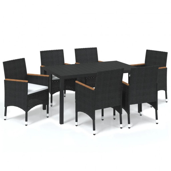 7 pcs conjunto de jantar p/ jardim c/ almofadões vime PE preto M 2