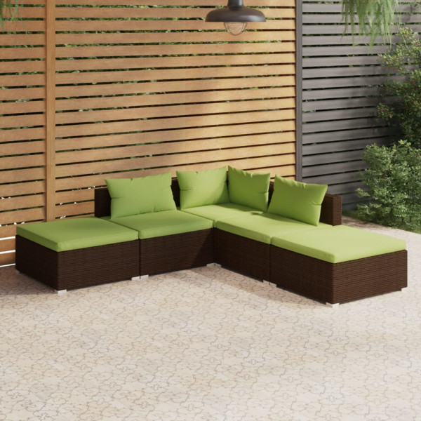 5 pcs conjunto lounge jardim c/ almofadões vime PE castanho D